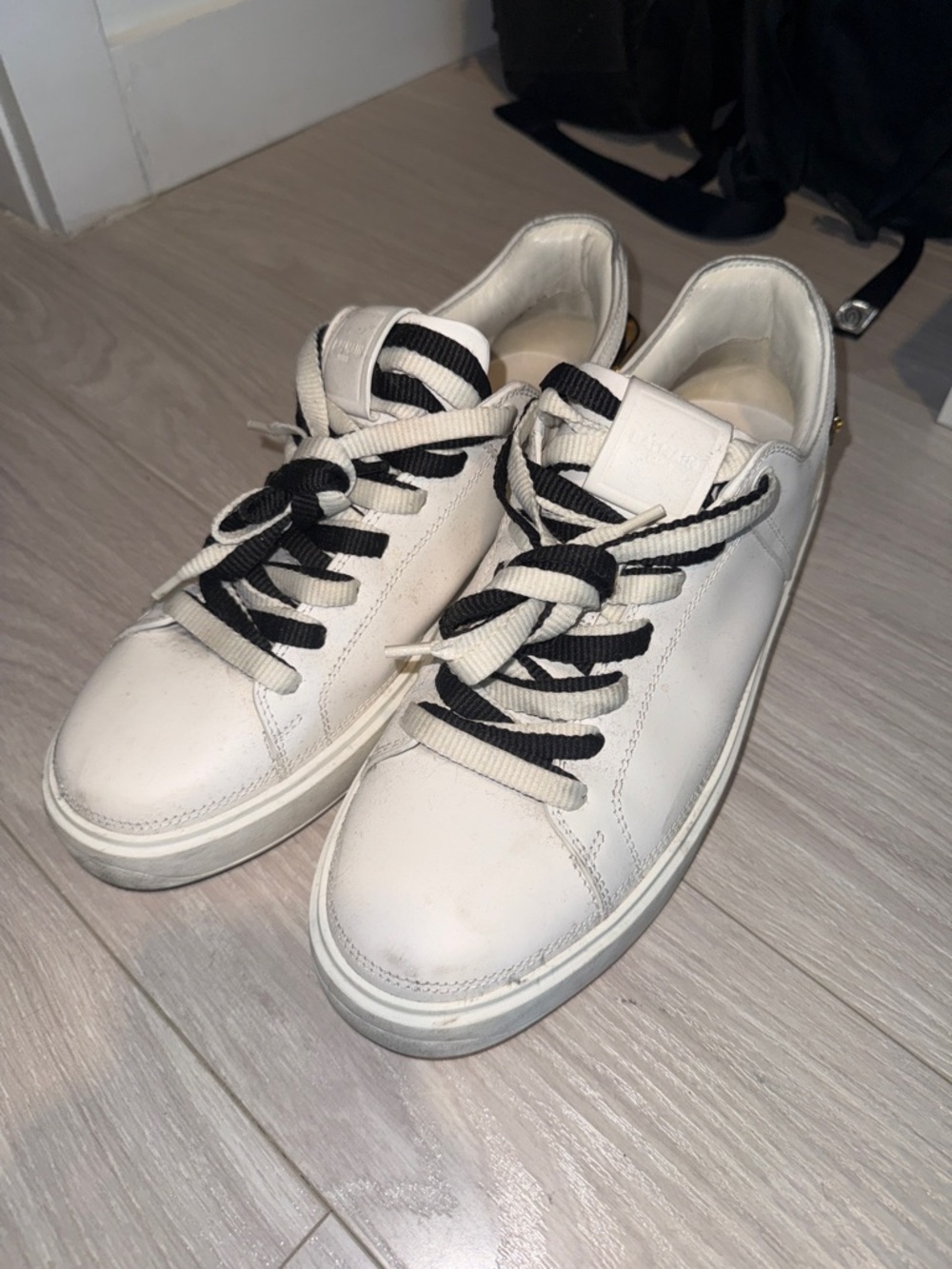 Balmain White Leather Sneakers with Black Accent Laces